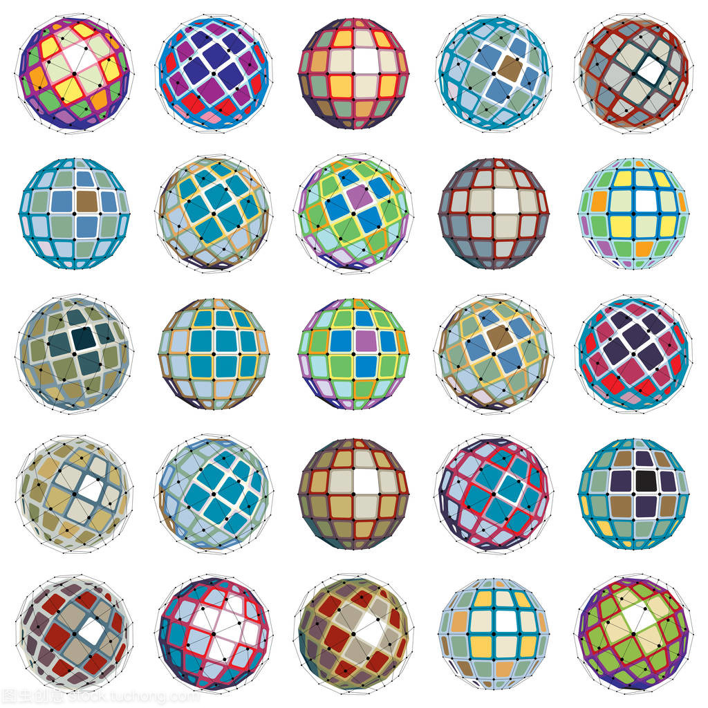 用不同几何面制作的数字线框球面物体