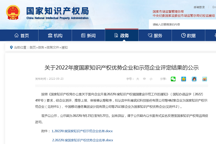 尊龙凯时入选“2022年度国家知识产权优势企业”榜单